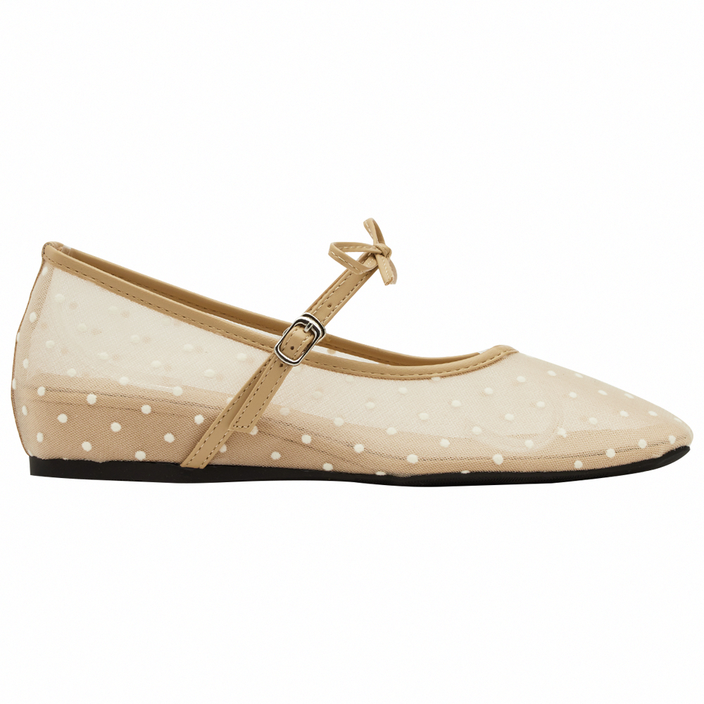 GraceGift平價女鞋 日系水玉 蝴蝶結網紗 內增高瑪莉珍鞋 卡其色