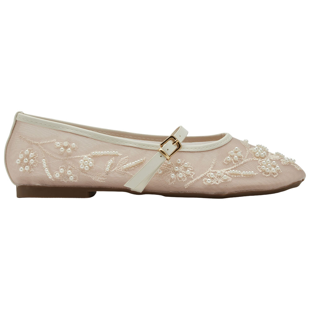 GraceGift平價女鞋 時尚秀場 圓頭 浪漫珍珠繡花網紗平底瑪莉珍鞋 杏色