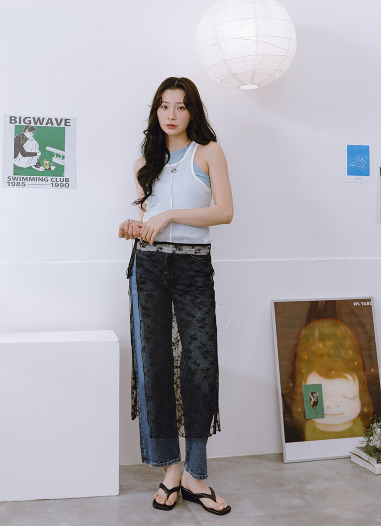 GraceGift 平價女鞋 時尚秀場 方頭 韓系慵懶人字中跟拖鞋 黑色