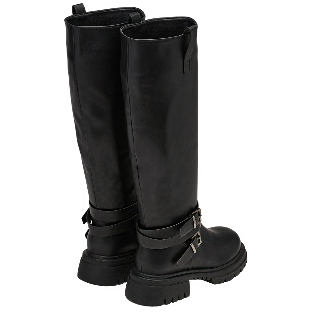 俐落圓頭側拉環繞踝皮帶厚底長靴 黑