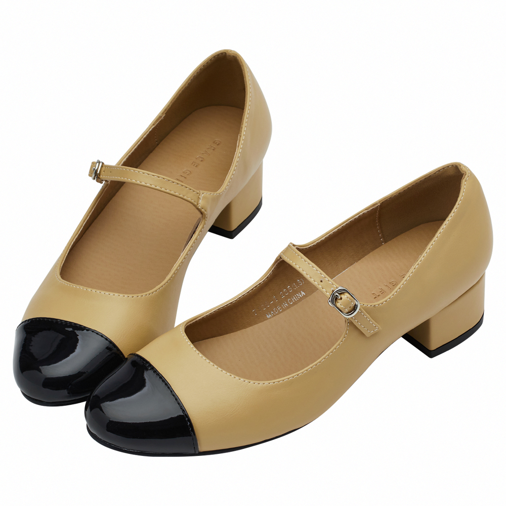 GraceGift平價女鞋 時尚秀場 圓頭 經典法式雙色小香風低跟瑪莉珍鞋  淺駝色