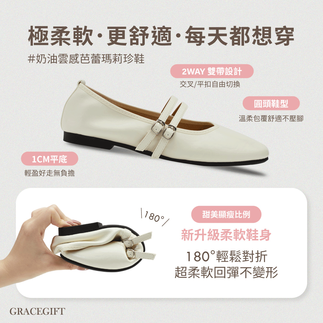 GraceGift平價女鞋 時尚秀場 圓頭 奶油雲朵極軟加厚乳膠芭蕾瑪莉珍鞋 黑色