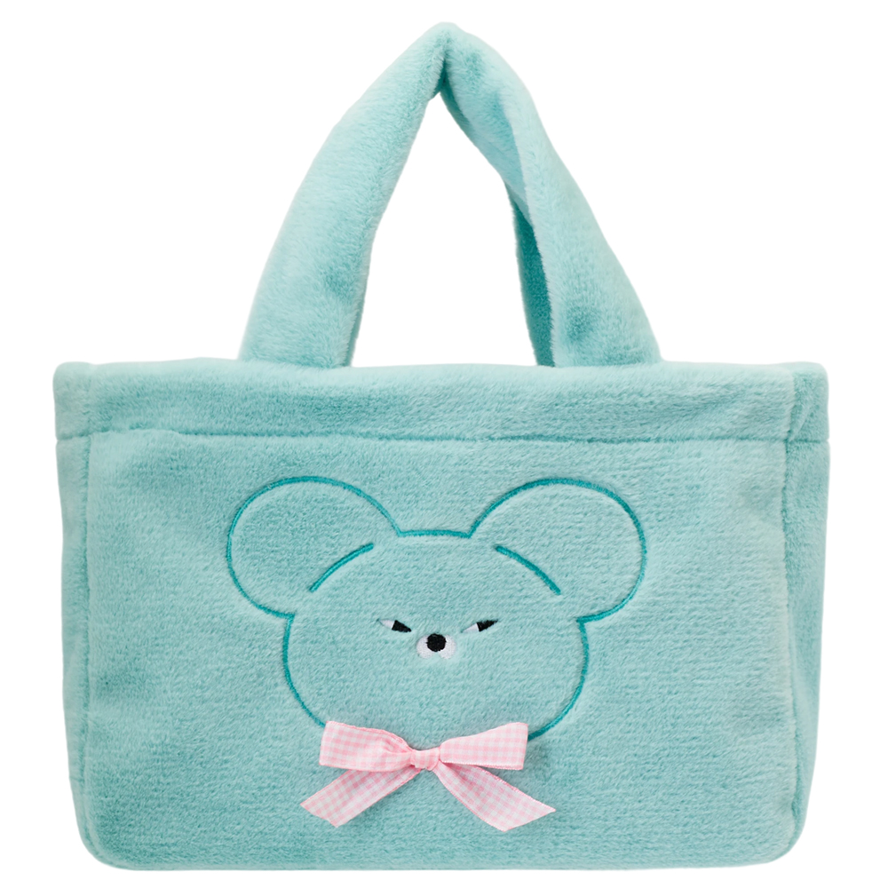 Grace Gift 平價女鞋 Wasabi Bear 聯名 芥末熊 格紋絨毛電繡 托特包 藍綠色 實拍圖