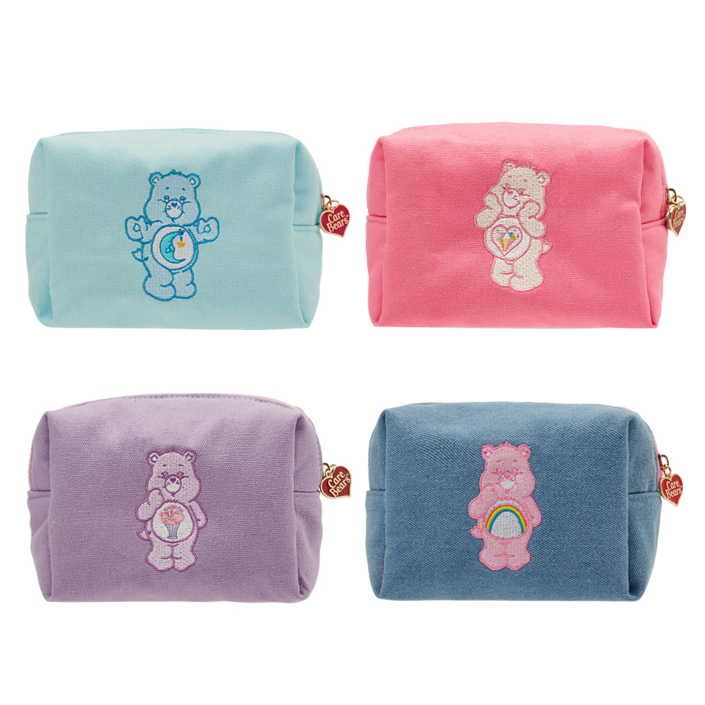 Care Bears-晚安小熊電繡格紋帆布化妝包 淺藍