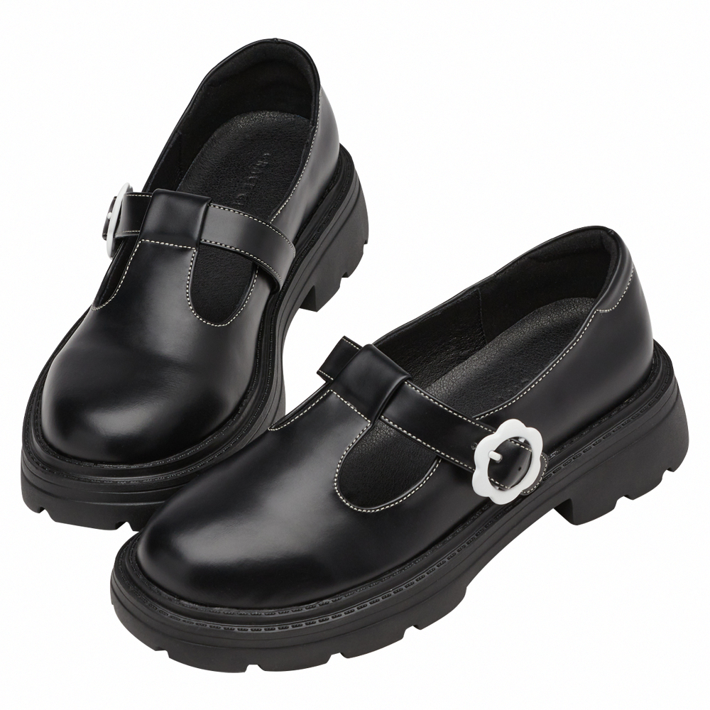 日系可愛小花扣T字輕量瑪莉珍鞋 黑