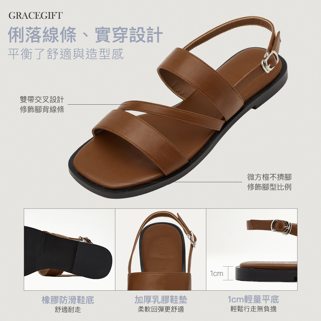 韓系簡約方頭寬帶平底涼鞋黑，質感合成皮革搭配舒適內裡，春夏輕盈好穿搭
