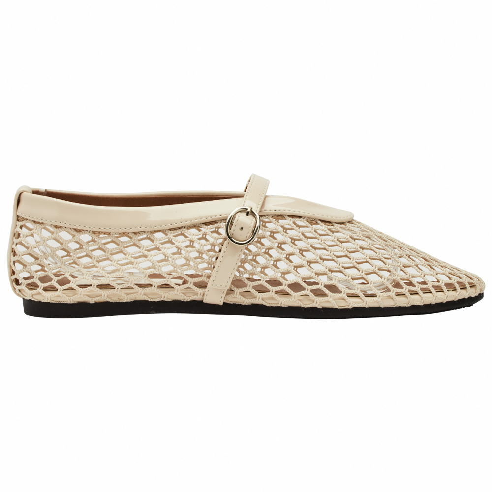 GraceGift 平價女鞋 個性網面 細閃芭蕾舞娃娃鞋 杏色 平底娃娃鞋 實拍圖