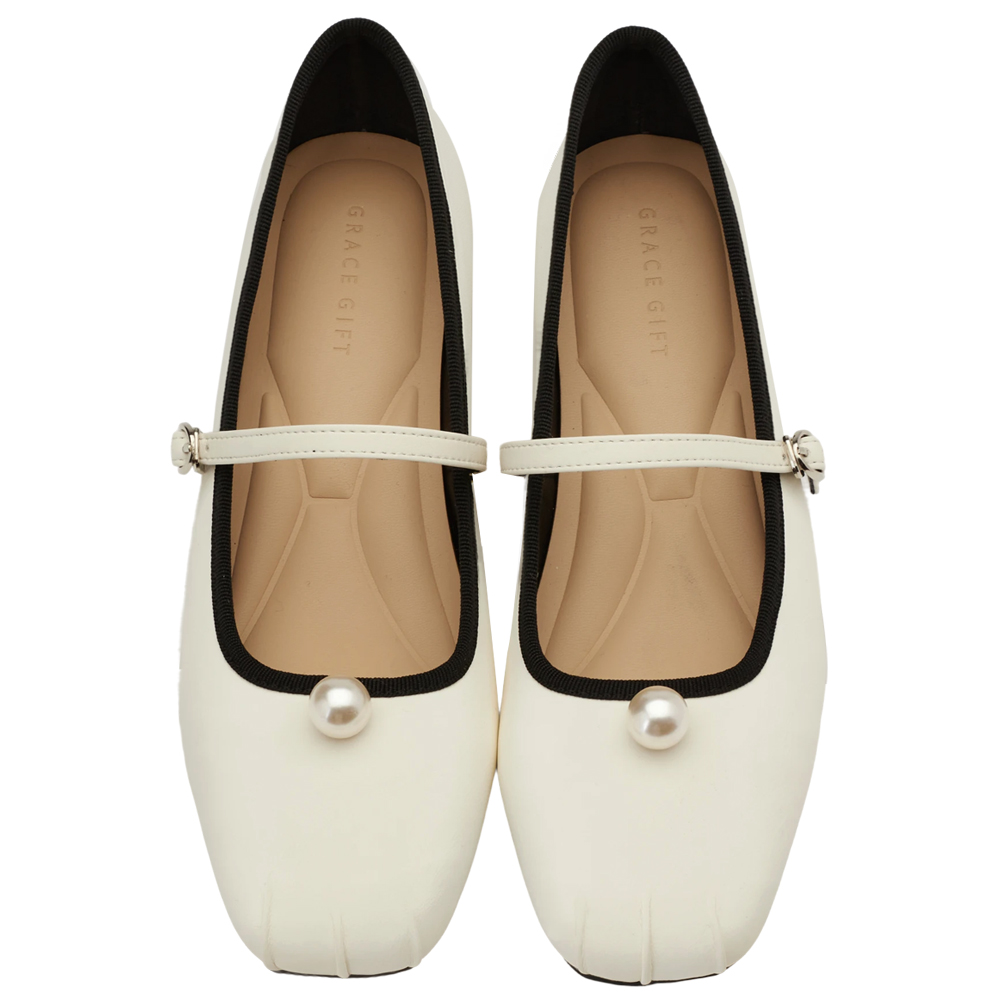 GraceGift平價女鞋 簡約珍珠 方頭撞色 內增高 瑪莉珍鞋 白色