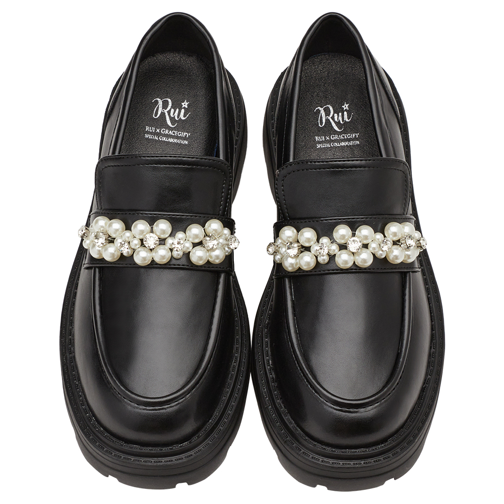 小貓聯名-奢耀珍珠水鑽輕量厚底樂福鞋 黑