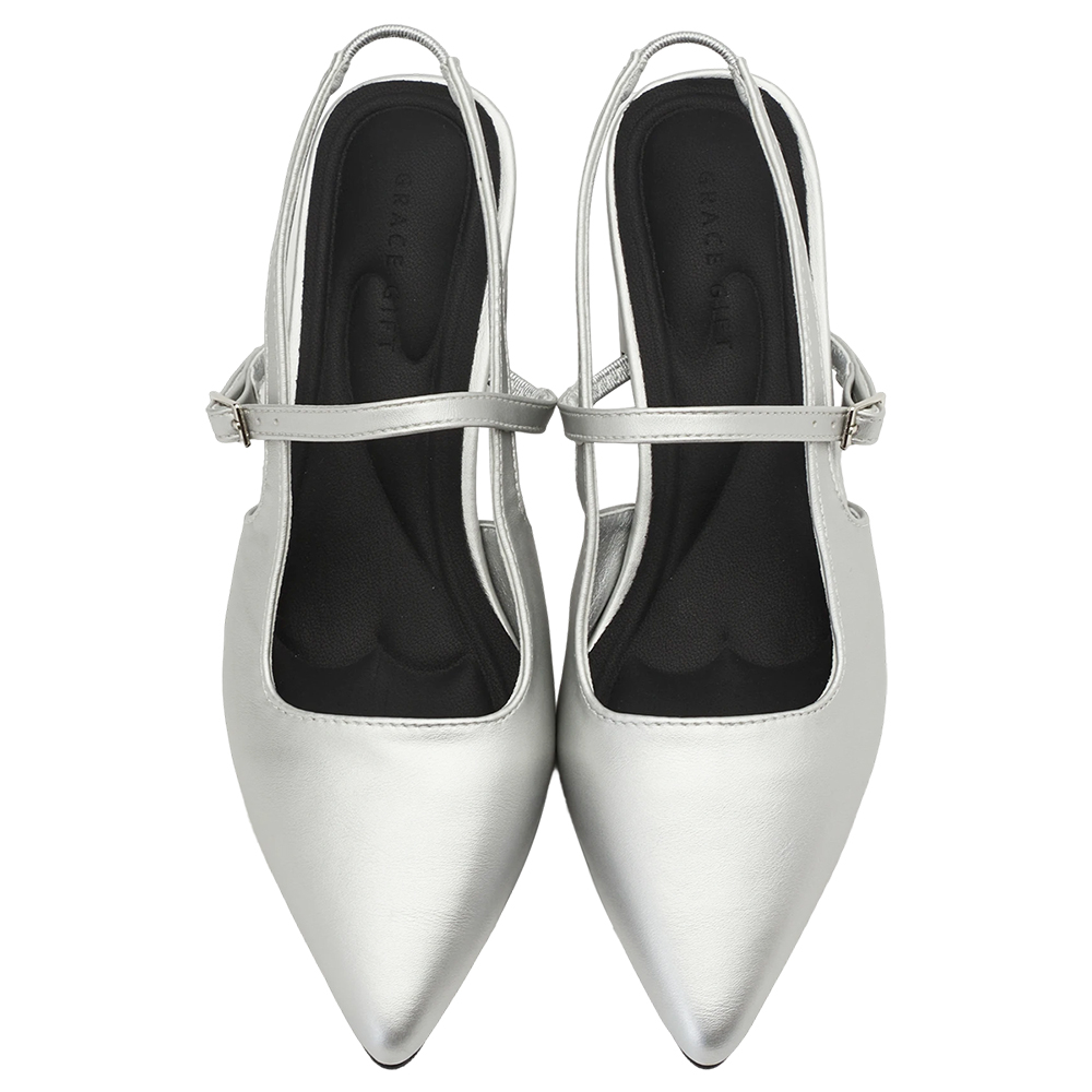 GraceGift平價女鞋 時尚秀場 尖頭  韓系尖頭通勤百搭後空低跟鞋 銀色