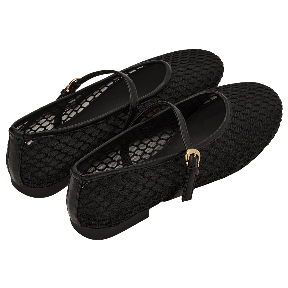 GraceGift平價女鞋 名人時尚 透膚網面 平底瑪莉珍鞋 黑色