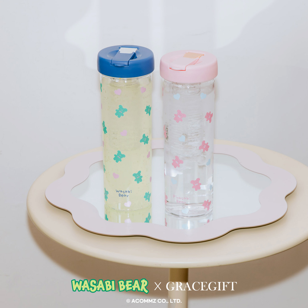 GraceGift Wasabi Bear聯名 芥末熊滿版印花透明吸管杯(800ml) 藍