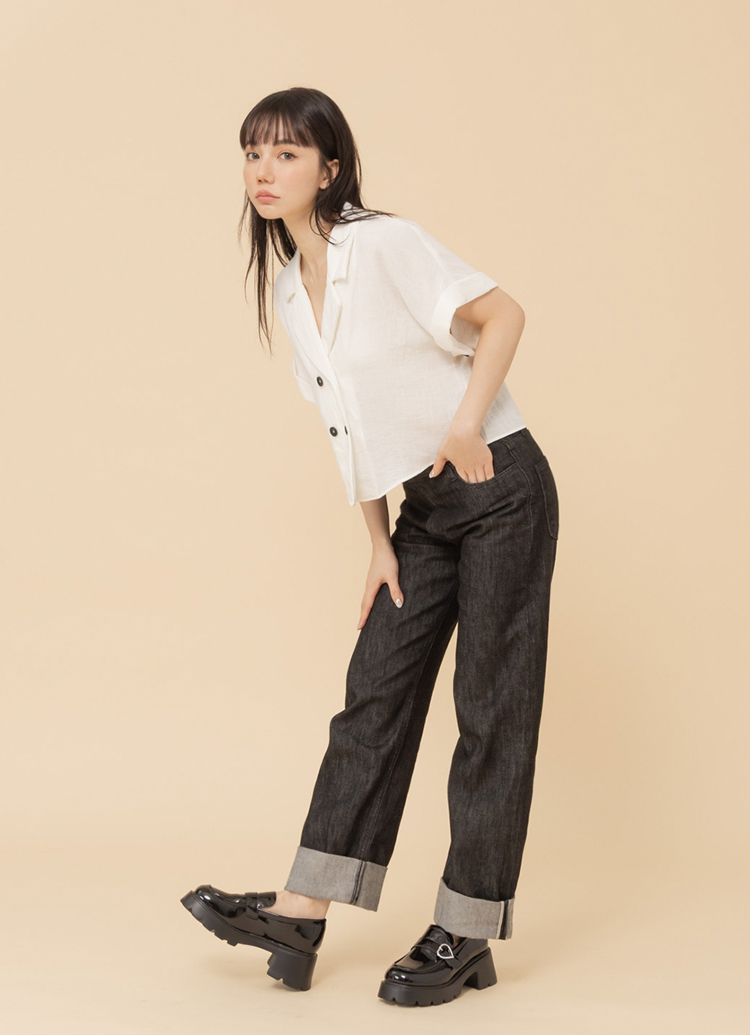 GraceGift平價女鞋 校花穿搭 愛心扣 輕量厚底樂福鞋 黑漆