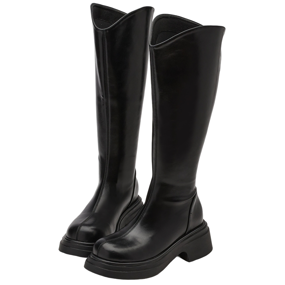 V口顯瘦(加寬筒圍)後拉圓頭厚底長靴 黑