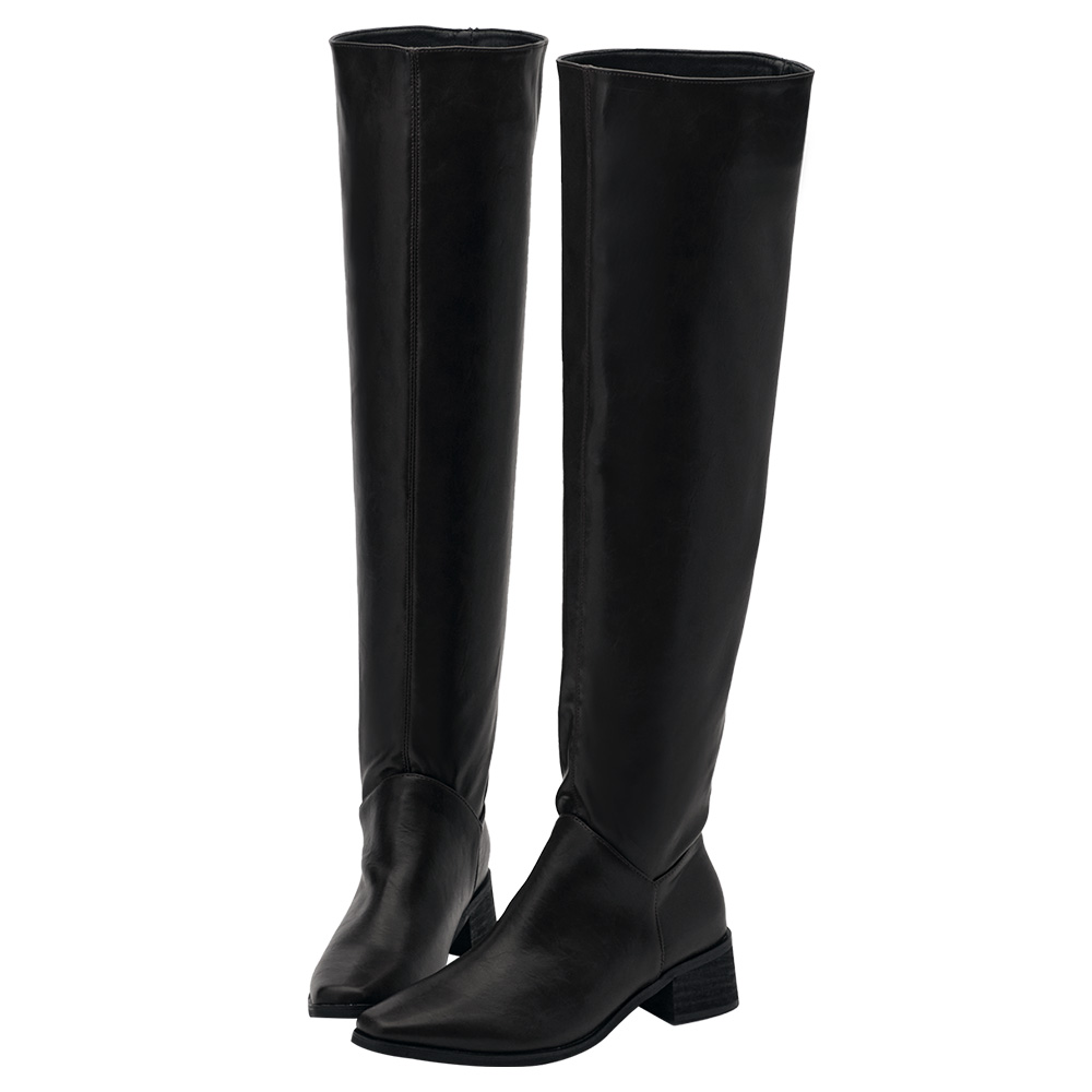 高級氣場方頭2way皮革過膝堆堆長靴 黑