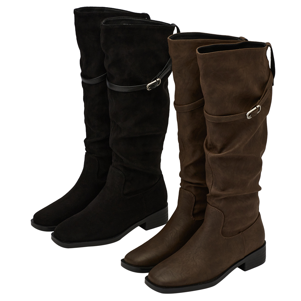 韓系層次方頭2way皮帶環堆堆機車長靴 棕