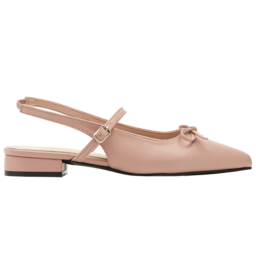 GraceGift 平價女鞋 法式尖頭 蝴蝶結後簍空芭蕾舞平底鞋 藕粉色