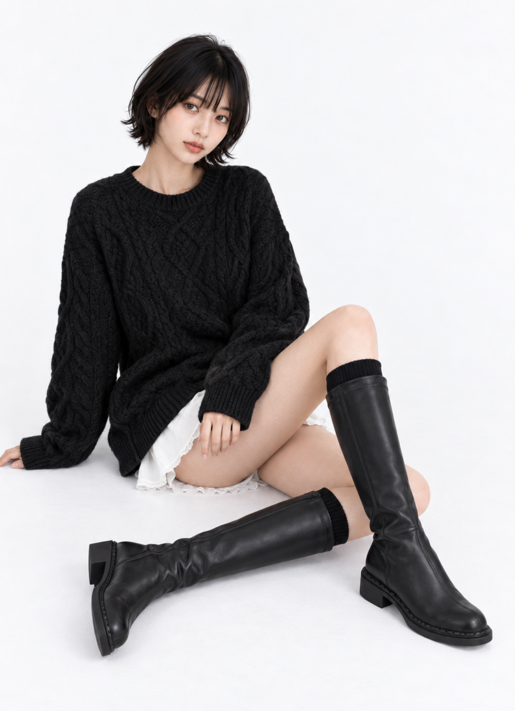 Grace Gift 平價女鞋 美腿濾鏡 圓頭後拉鍊長靴 黑色 實拍圖
