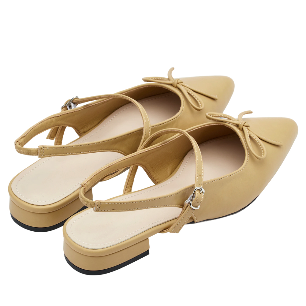 GraceGift 平價女鞋 法式尖頭 蝴蝶結後簍空芭蕾舞平底鞋 淺駝色