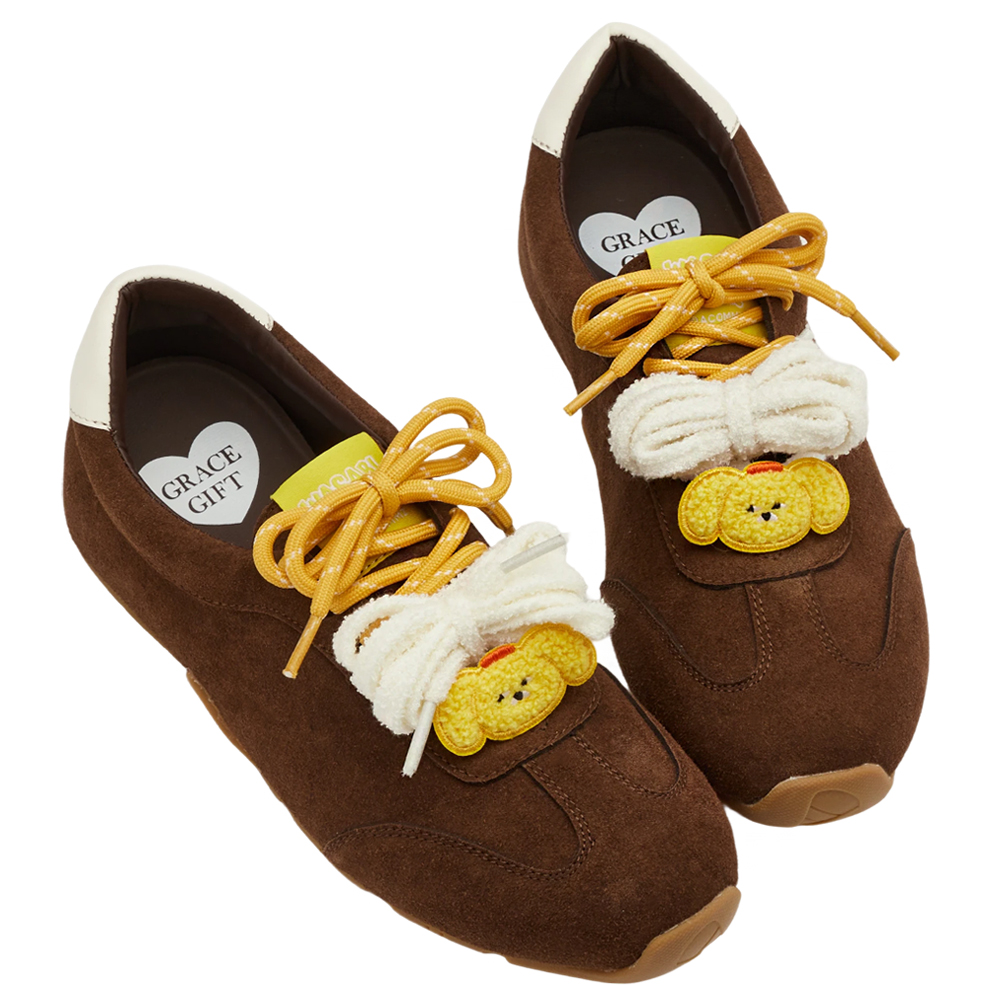 Grace Gift 平價女鞋 Wasabi Bear 聯名 黃芥末熊 休閒運動鞋 咖色 穿搭實拍