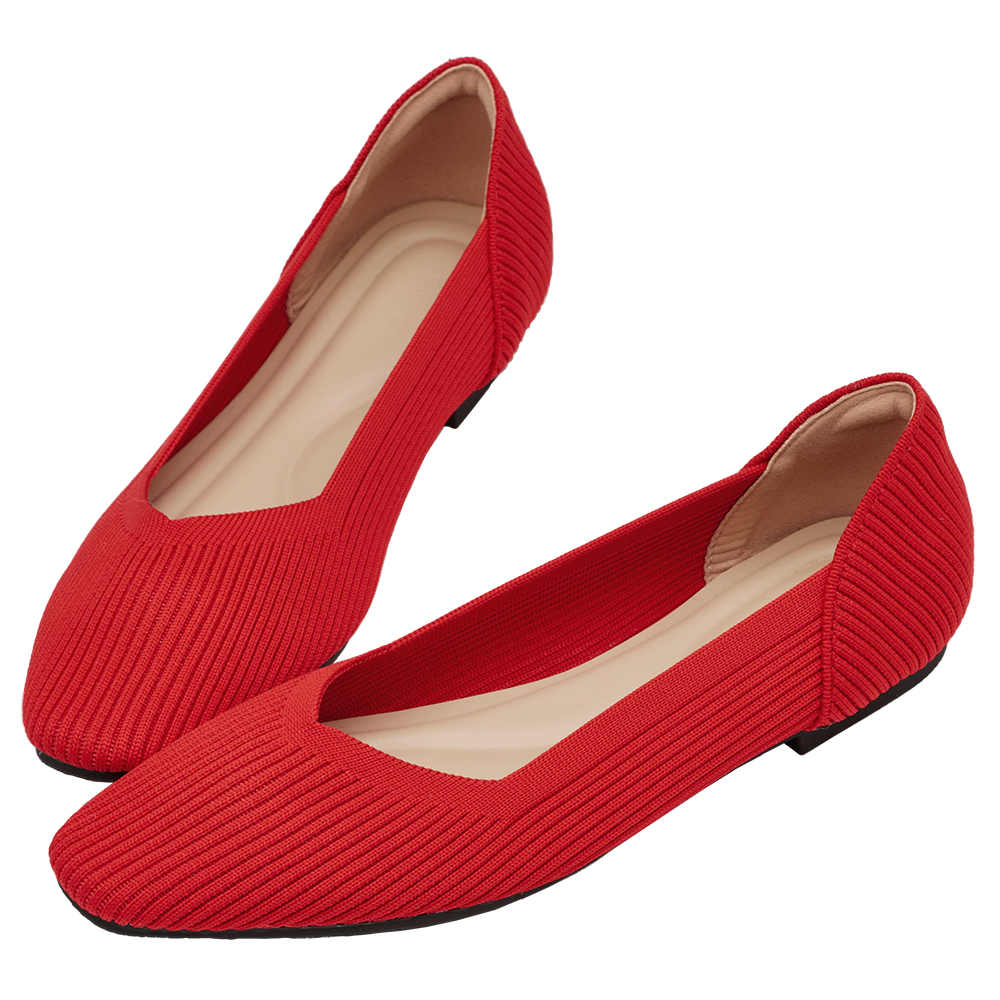 GraceGift 平價女鞋 零著感 方頭柔織軟墊娃娃鞋 正紅色 平底娃娃鞋 實拍圖