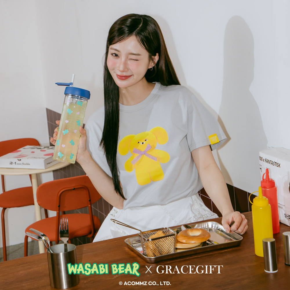 GraceGift Wasabi Bear聯名 黃芥末熊緞帶蝴蝶結短袖T恤 灰