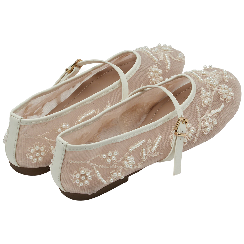 GraceGift平價女鞋 時尚秀場 圓頭 浪漫珍珠繡花網紗平底瑪莉珍鞋 杏色