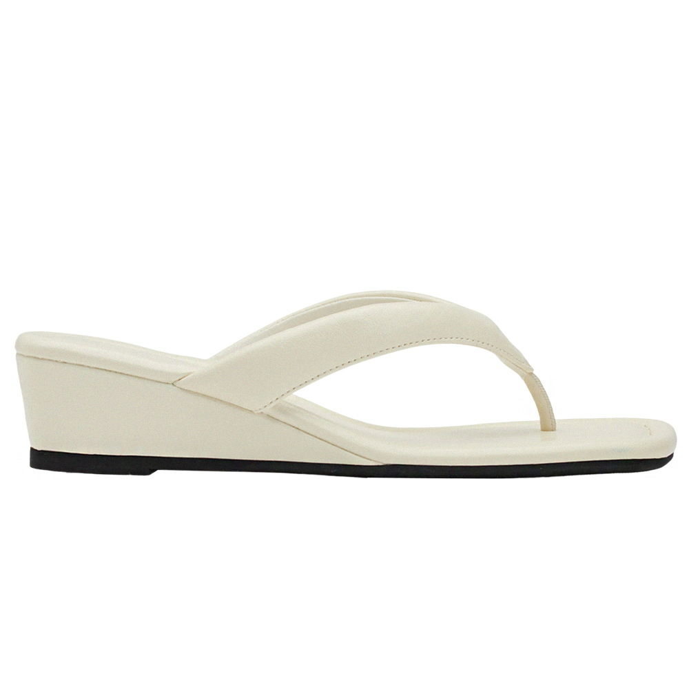 GraceGift 平價女鞋 時尚秀場 方頭 韓系慵懶人字中跟拖鞋 米白色