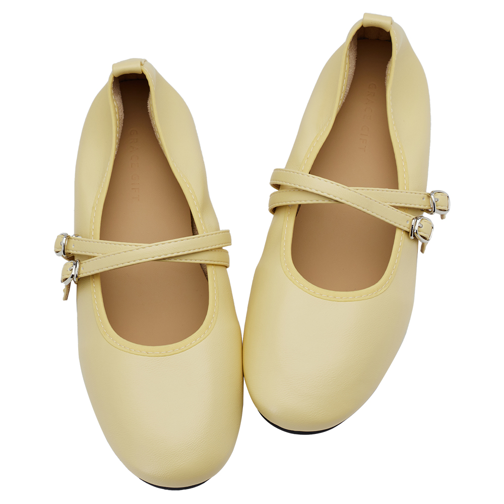 GraceGift平價女鞋 時尚秀場 圓頭 奶油雲朵極軟加厚乳膠芭蕾瑪莉珍鞋 淺黃色