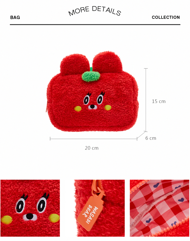 GraceGift Wasabi Bear聯名 辣椒醬熊 格紋絨毛化妝包 正紅色 實拍圖