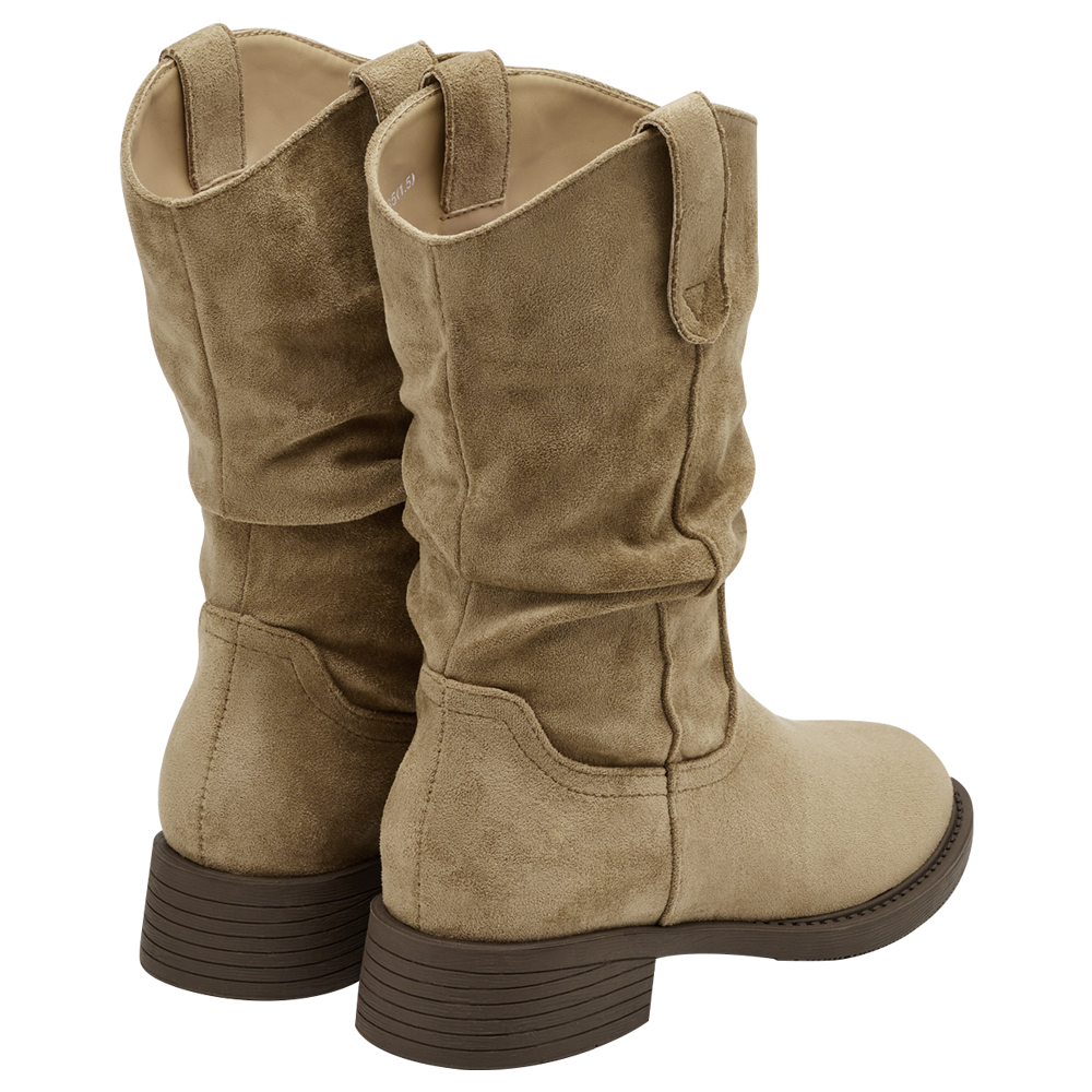 秋日復古皮革V口抓皺西部堆堆靴 淺駝