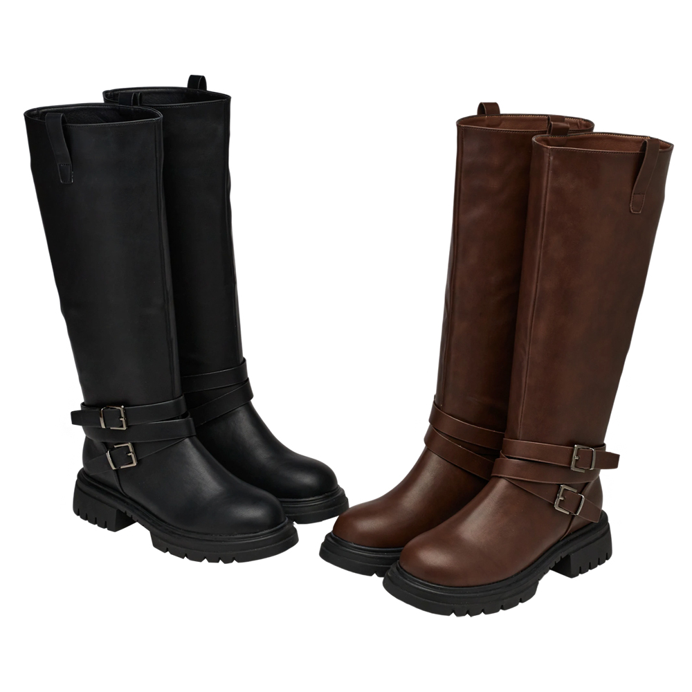 俐落圓頭側拉環繞踝皮帶厚底長靴 棕