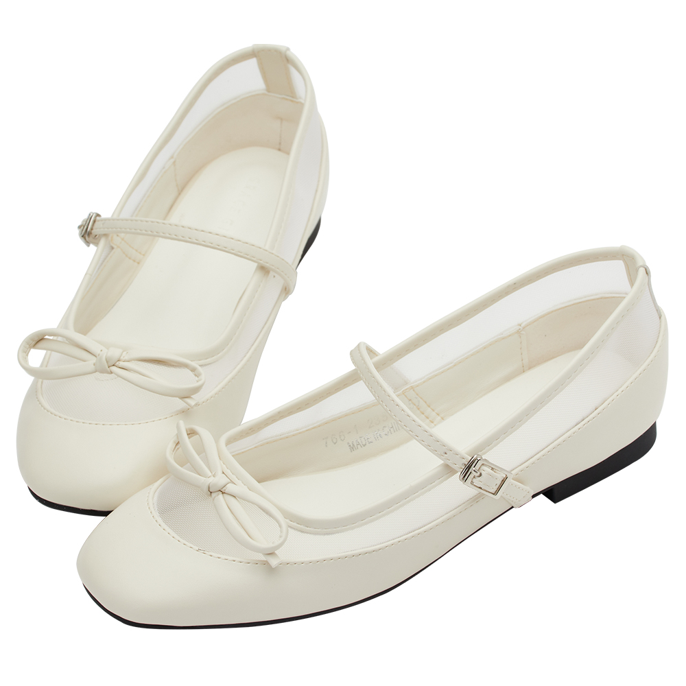 GraceGift平價女鞋 時尚秀場 方圓頭 復古芭比網紗拼接芭蕾平底瑪莉珍鞋  米白色