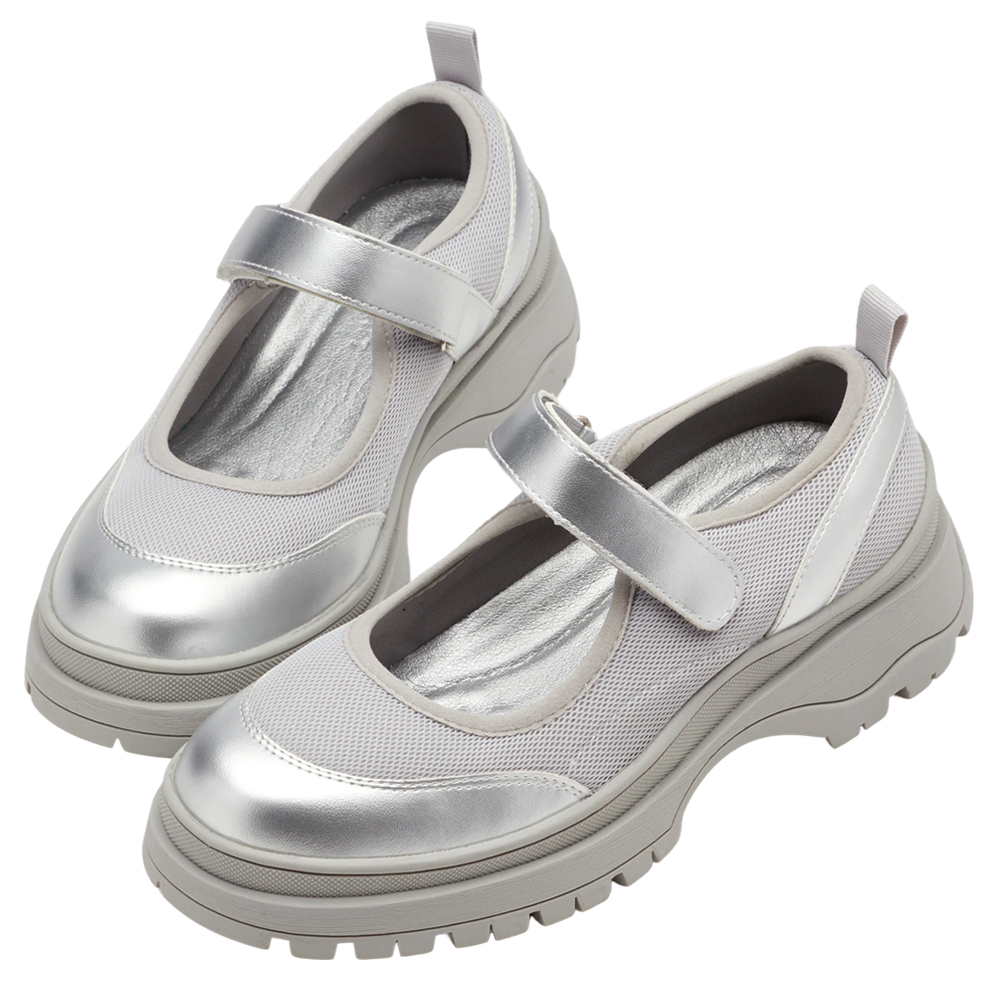 輕運動風拼接魔鬼氈瑪莉珍運動鞋 銀