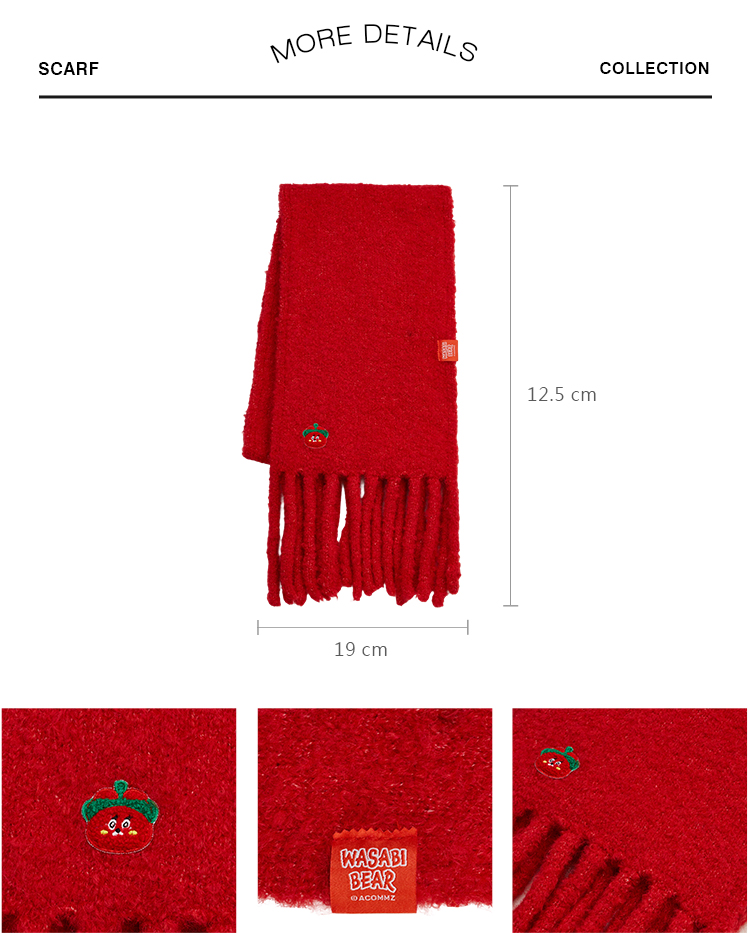 GraceGift Wasabi Bear聯名 辣椒醬熊 顆粒仿羊毛流蘇圍巾 正紅色 實拍圖