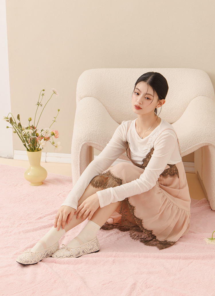 GraceGift平價女鞋 春日花園 蝴蝶結網紗 平底瑪莉珍鞋 杏色