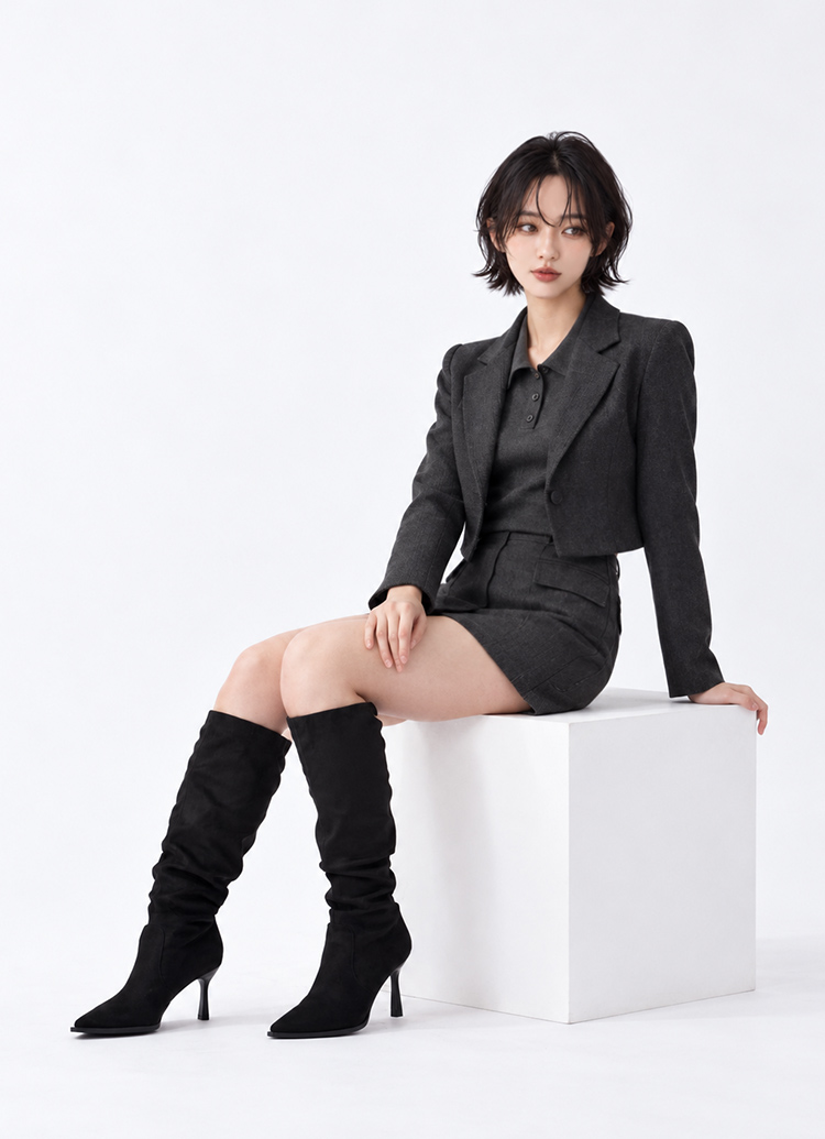 GraceGift長靴黑色自然堆疊抓皺靴筒搭配尖頭與細跟設計