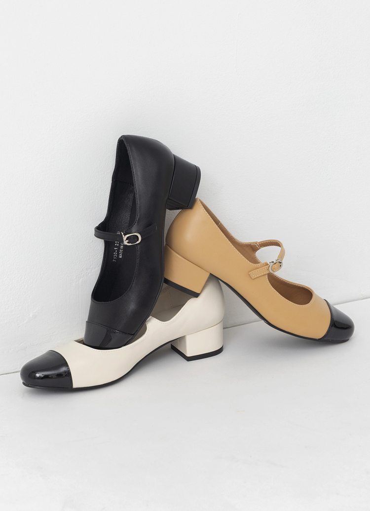 GraceGift平價女鞋 時尚秀場 圓頭 經典法式雙色小香風低跟瑪莉珍鞋   白身黑頭色