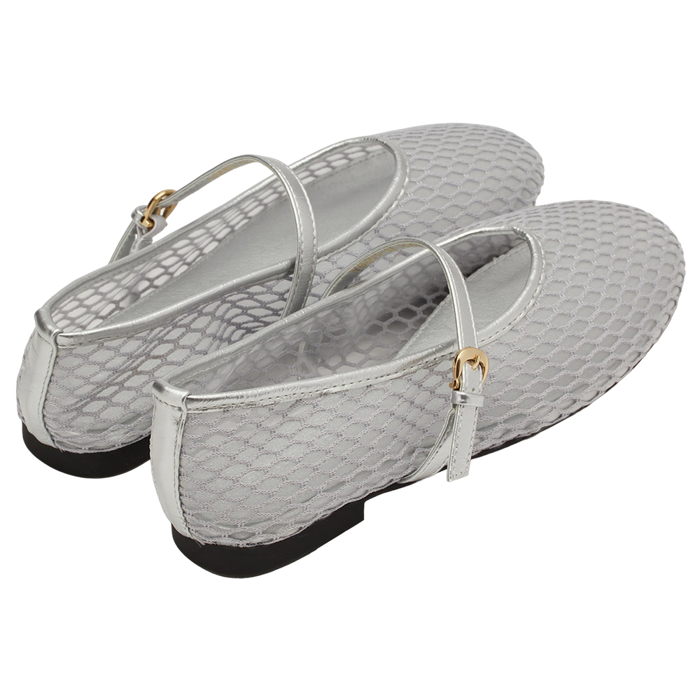 GraceGift平價女鞋 名人時尚 透膚網面 平底瑪莉珍鞋 銀色