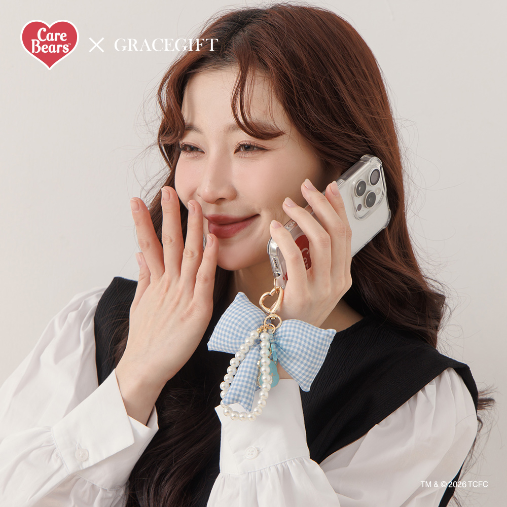 GraceGift CareBears聯名 樂觀小熊 Ribbon系列 格紋蝴蝶結珍珠手機鍊 黃