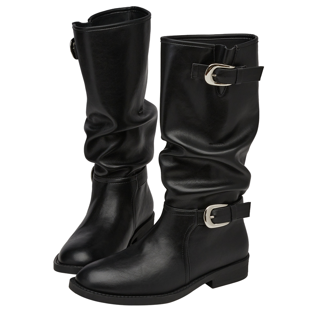 慵懶隨性皮革雙層皮帶扣堆堆長靴 黑