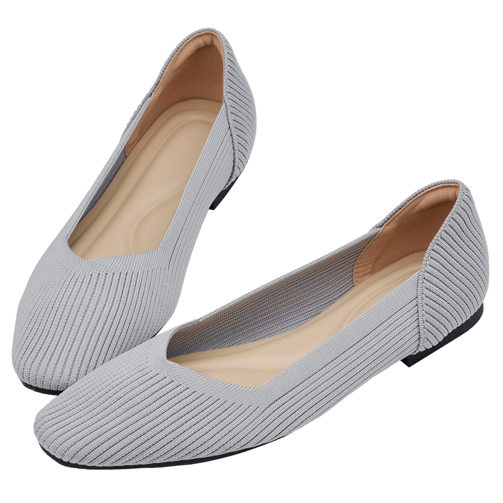 GraceGift 平價女鞋 零著感 方頭柔織軟墊娃娃鞋 灰色 平底娃娃鞋 實拍圖