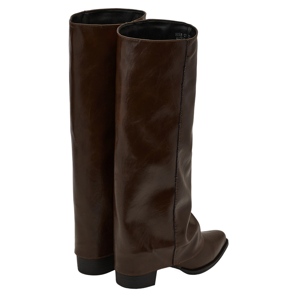 時尚秀場尖頭中跟堆堆褲管長靴 咖