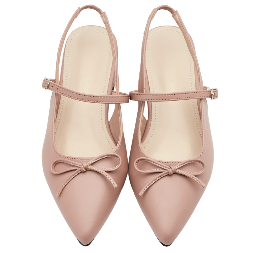 GraceGift 平價女鞋 法式尖頭 蝴蝶結後簍空芭蕾舞平底鞋 藕粉色