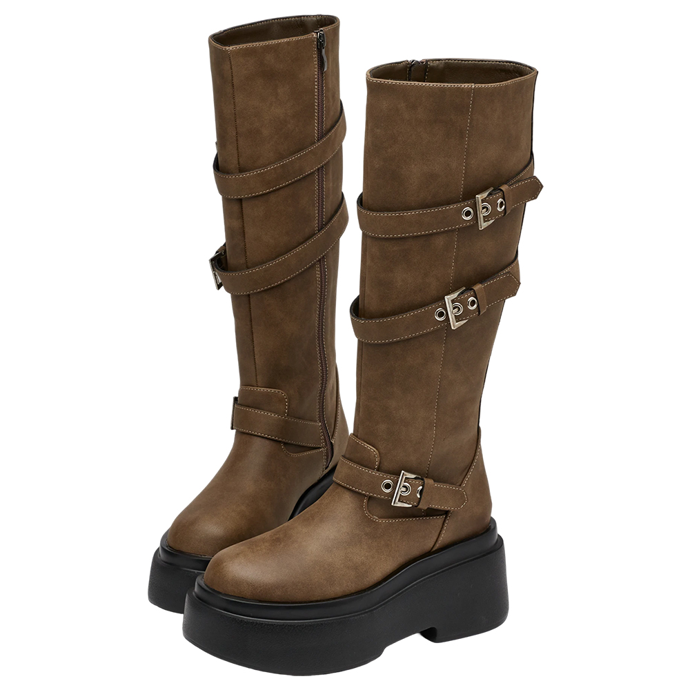 悅悅聯名-紐約街頭刷色扣環輕量厚底長靴 棕