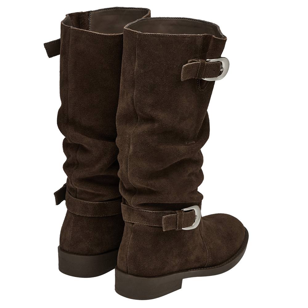 慵懶隨性麂皮雙層皮帶扣堆堆長靴 咖