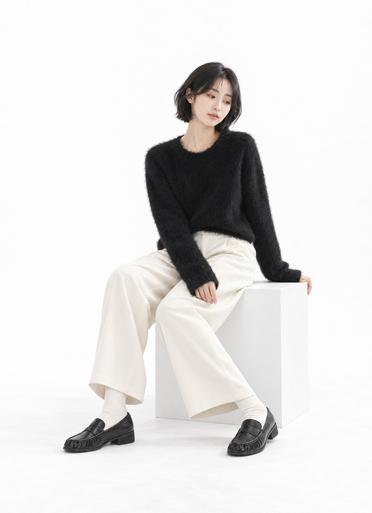 GraceGift平價女鞋 慵懶復古手縫麂皮低跟樂福鞋 黑
