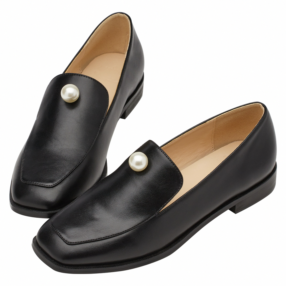 奕潔聯名-柔光珍珠方頭低跟樂福小皮鞋 黑