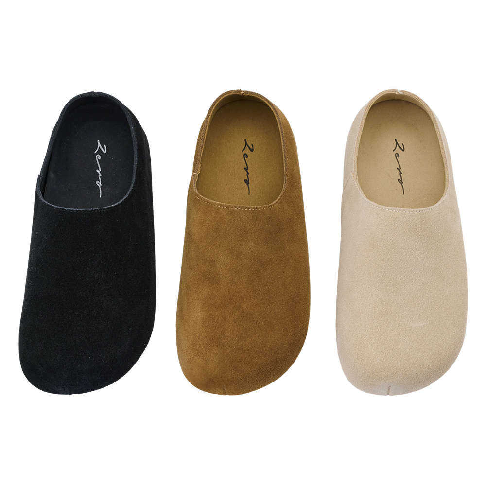 李柔聯名-慵懶共存圓頭牛麂皮懶人拖鞋 黑