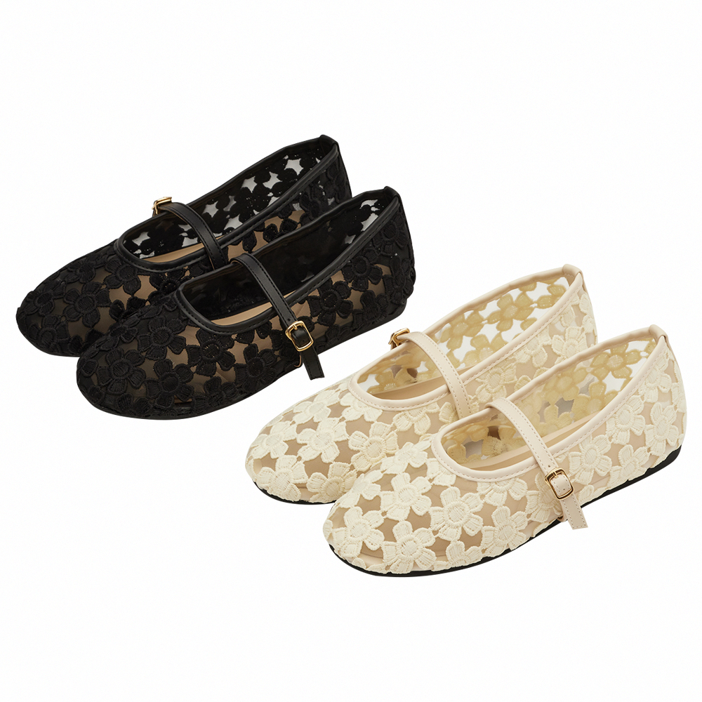 GraceGift平價女鞋 法式少女 蕾絲花朵 透膚平底 瑪莉珍鞋 黑色